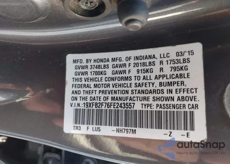 2015 Honda Civic Se z USA, uszkodzony, nr VIN 19XFB2F76FE243557